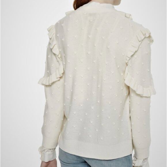 Kate Spade Wool Blend Ruffle Cardigan Sweater Cream Pom Bobble Knit Small - Picture 2 of 9